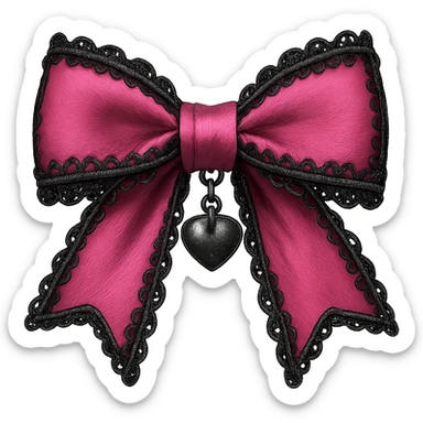 pink gothic bow with black lace trim and heart charm, remove background sticker