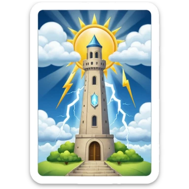 The tower tarot card lighting clouds and sun theres 2 sides one side sun in a card sticker
