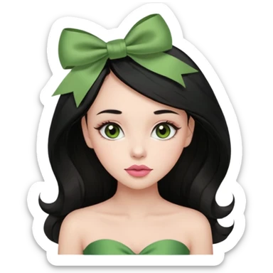 The woman has long black hair with green ribbon bows, light brown eyes, fair skin, and a heart-shaped face. She wears soft makeup, a muted rose lip, and a strapless olive green top. sticker