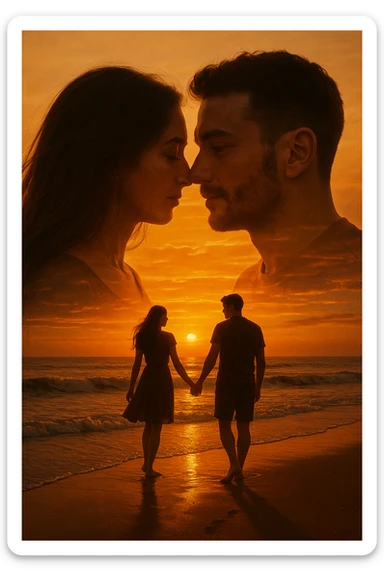 Una doppia esposizione cinematografica di noi di profilo, con un paesaggio di spiaggia al tramonto integrato nella silhouette.
La scena interna ci mostra entrambi camminare sulla sabbia bagnata, tenendoci per mano, con le onde del mare che si infrangono è facile e un cielo colorato dagli ultimi raggi di sole. Atmosfera calda e intima, toni dorati arancioni, dettagli fini ed espressivi, risoluzione 8K. sticker