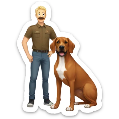 white male with rainbow colored hair and a curled mustache standing alongside a brown rhodesian ridgeback dog sticker