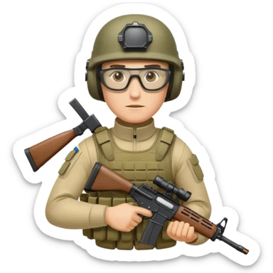 Ukrainian intelligance agency warrior man in platecarrier with nato riffle in helmet and ballistic glasses sticker