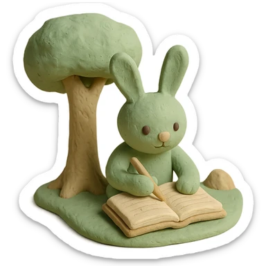 rabbit writing in a journal under a tree, pastel green and beige, claymation style sticker