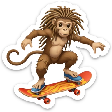 A monkey with natty dreads,  jumping on mushroom that also have dreads, and a skateboard the size of Godzilla sticker