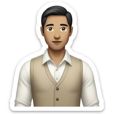 black-haired Asian man wearing a white shirt and beige vest sticker