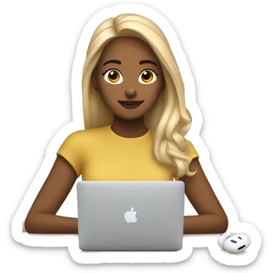 A blonde girl with airpods max and looking at a macbook sticker