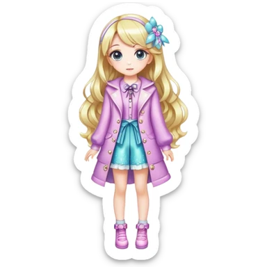 Pretty, stylish, kawaii, sparkly, lovely, shiny, accessories, anime style, character, real life, big eyes, cute, gorgeous hair, full body, stylish clothing, lady, young, romantic, colorful, detailed, cool design, aesthetic sticker