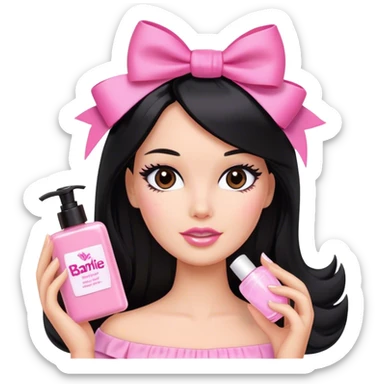A barbie with long black hair, brown eyes and a pink bow on her hair doing her skincare. sticker