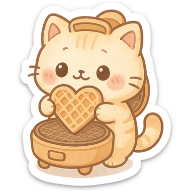 chibi style soft fluffy cat as a waffle maker, showing heart-shaped waffles, pastel orange, full-body sticker