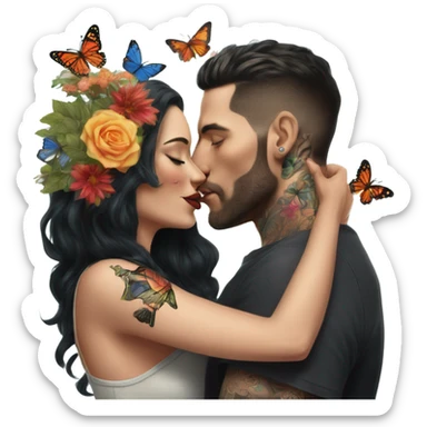 Hyper Realistic beautiful woman being kissed by a handsome tattooed man holding flowers with butterflies  sticker
