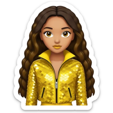 Leigh-Anne Pinnock from Little Mix with long dark brown hair, yellow sequin outfit sticker
