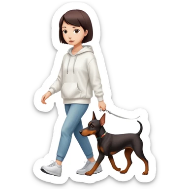 Beautiful short-haired girl wearing a white hoodie walking her Doberman sticker