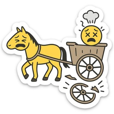 Make the horse cart look broken and add funny, exaggerated emoji expressions to the horse and cart. Keep the style consistent. The style is emoji style. Keep the background transparent. sticker