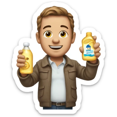 O Duffy holding a bottle of baby oil in his hand and holding a baby in his other hand sticker