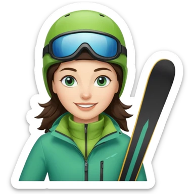 brunette with blue eyes skiing downhill in a green jacket sticker