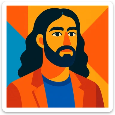 a man with dark long hair and a beard, modern illustration style sticker