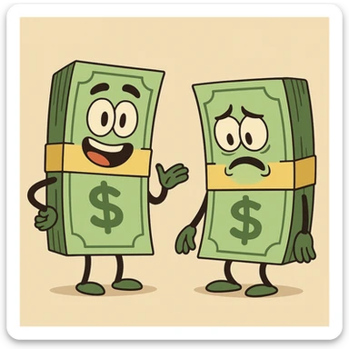 two cartoon money bundles, bright green, yellow bands, simple shading sticker