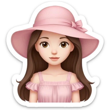 beautiful pale brunette girl with long hair in a light pink summer dress and hat sticker