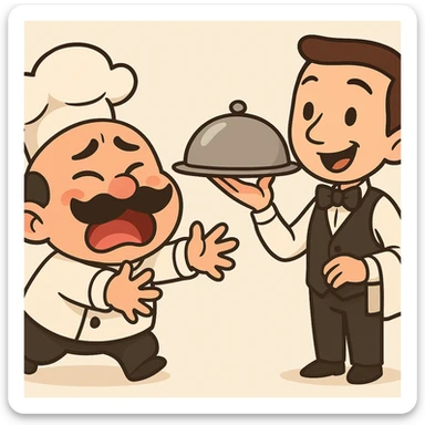 Make the chef look even hungrier, reaching desperately for the food, both smiling, with a minimal background, cartoon style. sticker