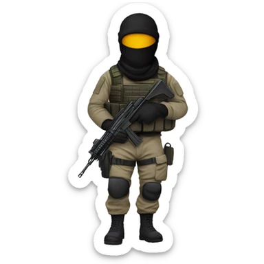 UK special forces operator in a balaclava holding a machine gun walking into an office sticker