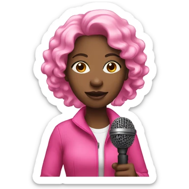 Black woman walking with microphone wearing pink sticker