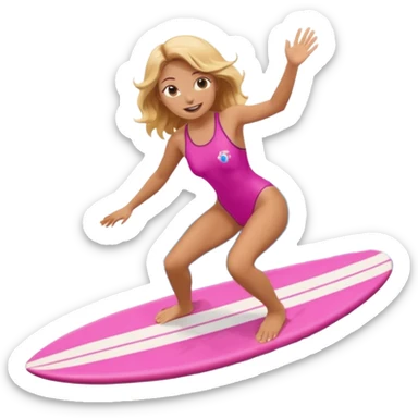 surf girl riding a wave on a board, pink one-piece swimsuit, cheerful, emoji style sticker
