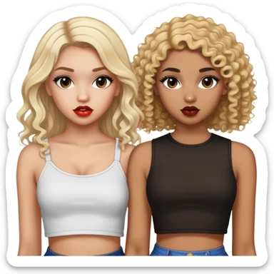 Two teenage girls together, one white with straight blonde hair and one brown-skinned with curly dark hair, both with heavy makeup, big lips, crop tops and choni style clothing sticker