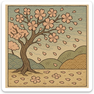cherry blossom tree with petals falling, ukiyo-e style illustration sticker