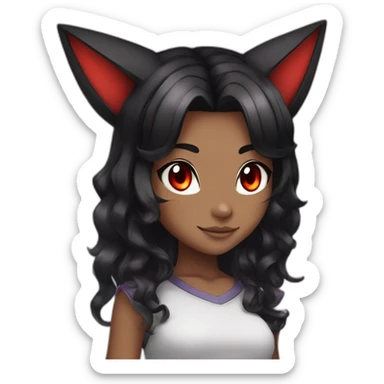 pokemon girl, cat ears, black hair, wavy hair, red eyes, black sclera sticker