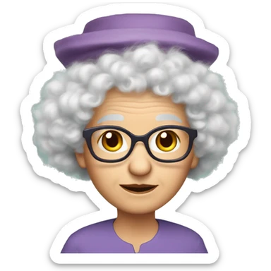 Small Caucasian elder woman with glasses- lavender fluffy hair- big red truffle hat- green dress- small mosquito wings on back sticker