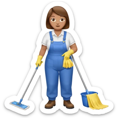 old and fat women, brown hair, Custodian with yellow rubber gloves, white T-shirt, blue overalls, mopping floor sticker
