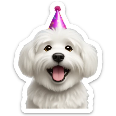  white fluffy Dog with party hat saying have a good day sticker