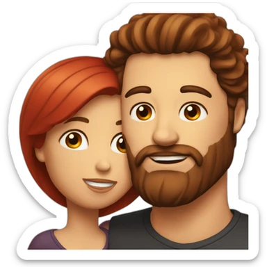 a bearded man with dark hair kissing a woman with long red hair sticker