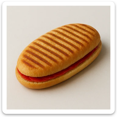 panini in oval shape, red filling inside, focus on sandwich, clean look sticker