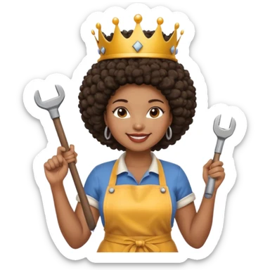 Mujer curvy afro, con vestimenta cómoda y delantal,con una corona sobre su cabeza y sonrisa contagiosa. En la mano herramientas de construcción sticker