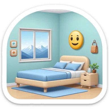 cozy clean room with neatly organized objects, simplified human character standing peacefully, feeling satisfied and calm, sense of order and balance, flat custom emoji sticker, pastel colors, rounded shapes, minimal details, thick outline, white background, no text sticker