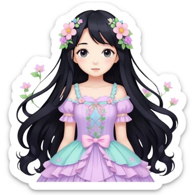 Kawaii anime lady with long black hair wearing a gorgeous pastel fairycore dress with flower details sticker