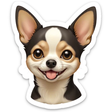 Cinematic Cute Yawning Black Tri Short Haired Chihuahua Portrait Emoji, Head tilted slightly with a dramatic, wide-open yawn, soft black tri-color fur with defined patches of white and tan, floppy ears slightly drooping, round dark eyes barely open in drowsy contentment, Simplified yet irresistibly adorable features, highly detailed, glowing with a soft, cozy glow, high shine, relaxed yet expressive, stylized with a touch of whimsy, bright and endearing, soft glowing outline, capturing the essence of a sleepy yet affectionate pup, so drowsy it feels like it could stretch right out of the screen and curl up for a nap! sticker