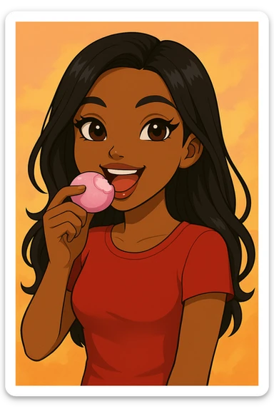 Change the pose to eating pink mochi ice cream, headshot only, 20-year-old anime Bratz style woman with dark skin, straight hair, brown eyes, red shirt, trendy outfit, glossy lips, no hat, no tears, happy expression, both eyes open, looking straight ahead. sticker