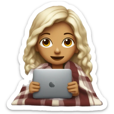 Cozy darker blong haired girl with cozy blanket and coffee on the couch with laptop sticker