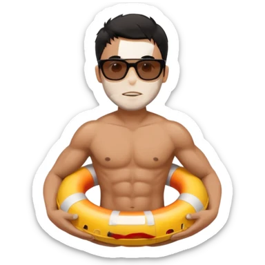 Dark Tan Muscular lifeguard without shirt with messy black hair with sunglasses, with life preserver sticker