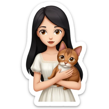 beautiful girl with long black hair wearing a white dress holding an Abyssinian cat with reddish-brown fur in her arms sticker