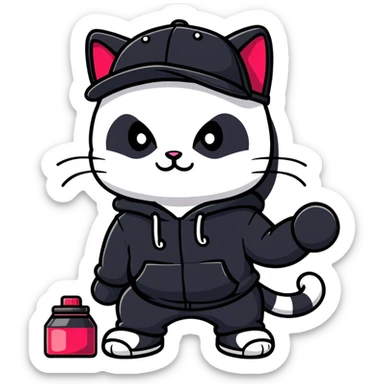 cat wearing a black snapback cap and black hoodie doing graffiti art with spray paint, street art style sticker