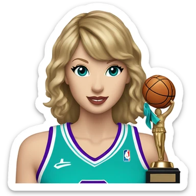 Taylor Swift wearing purple and aqua basketball uniform holding trophy with SWIFTYS on uniform  sticker