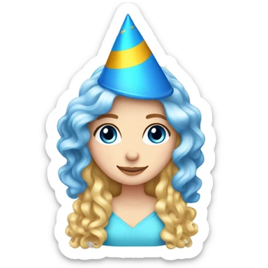 White Girl with blue eyes long spiral curly blonde hair wearing a party hat   sticker