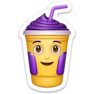  White styro with purple juice inside visible from the top only. Add a stoned yellow emoji face that os holding the cup sticker