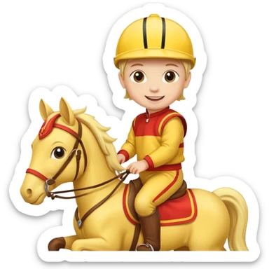 baby riding horse wearing racing cloth yellow sticker