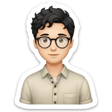Upper body only of young caucasian man with black wavy hair, round glasses, wearing comfortable buttoned shirt sticker