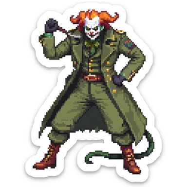 evil clown soldier, bald, small black horns on forehead, fangs, pointed ears, eye patch over one eye, long coat over black and military green clothes with bellbottom pants, tail, holding a different style of whip, realistically proportioned, less bulky, full body, fighting stance sticker