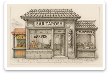 brohouse sartarosh xonasini chizib ber tashqaridan va uning yonida yupi va musqaymoq sotadigan lavkalar bulsin sticker